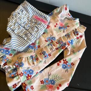 Ruffle Butts Girls 3T Floral Rash Guard Swimsuit Set with Striped Ruffle Bottoms